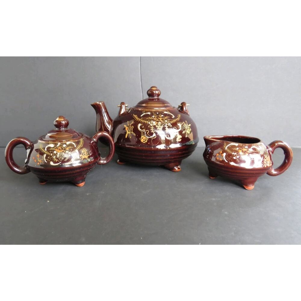 Vintage Japanese Moriage Redware Tea Set Teapot Sugar Creamer Hand Painted Gold